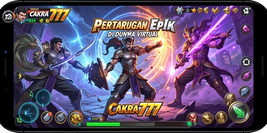 Tampilan gameplay CAKRA777 dengan pertarungan seru karakter-karakter unik.