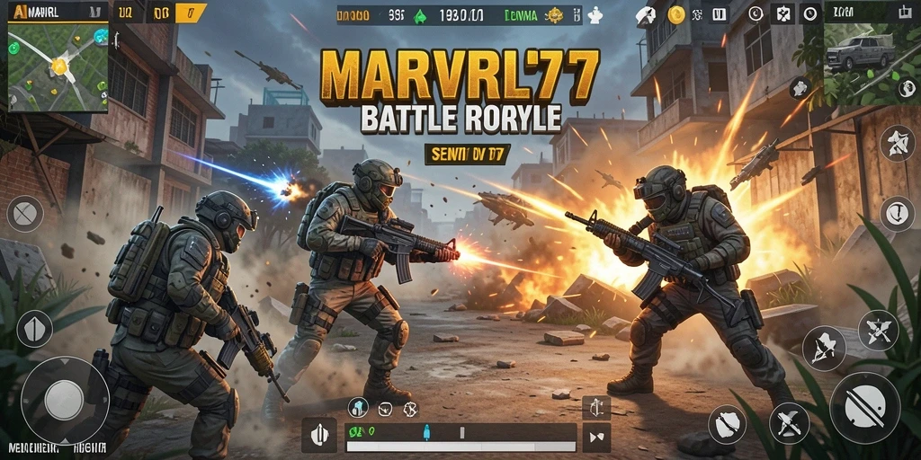 Tampilan seru gameplay MARVRL77 dalam pertempuran Battle Royale.