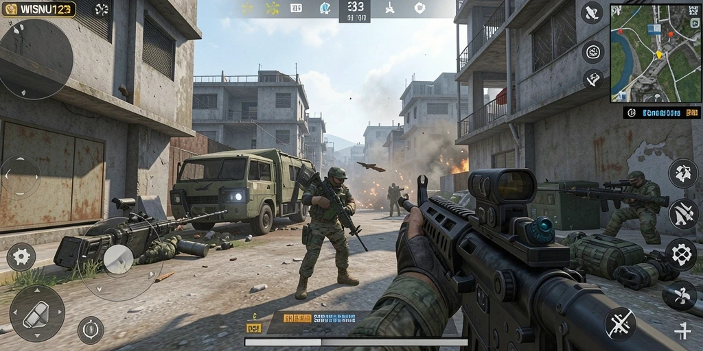 Tampilan aksi seru dalam gameplay WISNU123 dengan pertempuran FPS yang intens.